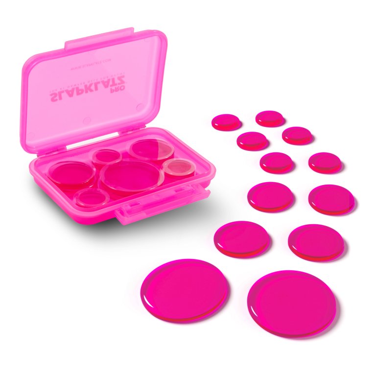 SlapKlat PRO pink - de 12 trommedæmpere vist på hvid baggrund med æsken vist ved siden af