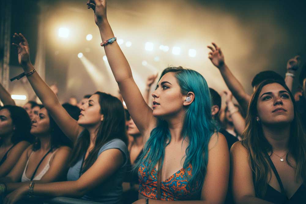 Publikum til festival med musik-ørepropper i ørerne tæt på scenen