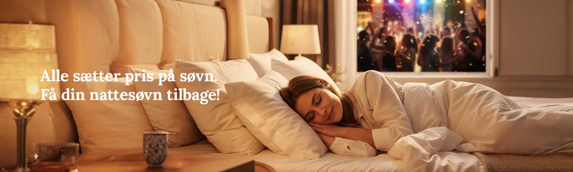 Kvinde ligger og sover tryge med &oslash;repropper i, alt i mens der er fest i baggrunden