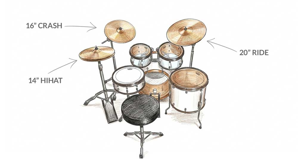 grundl&aelig;ggende trommes&aelig;t med hihat crash og ride b&aelig;kkener