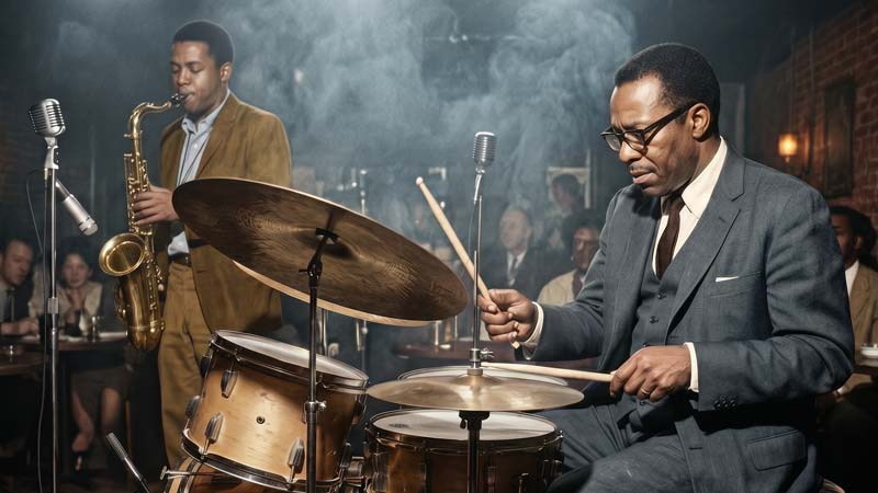 jazz drummer playing ride cymbal in small club
