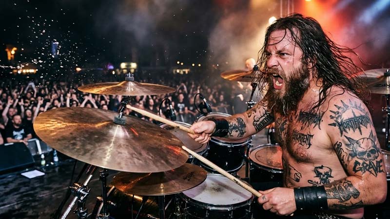 drummer playing rock with crash and ride cymbals live